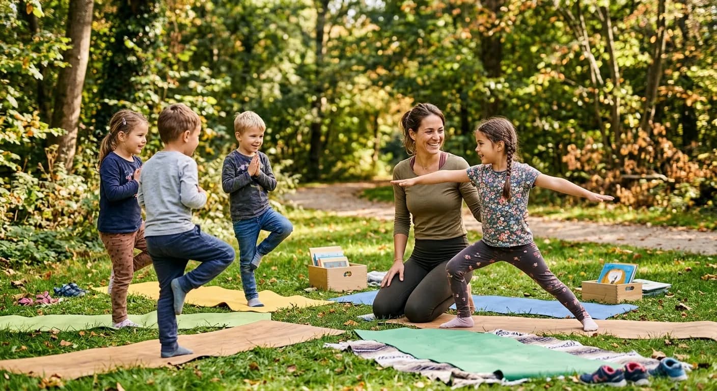 Freundliches YogaKids Stuttgart Teammitglied mit Kindern beim Yoga