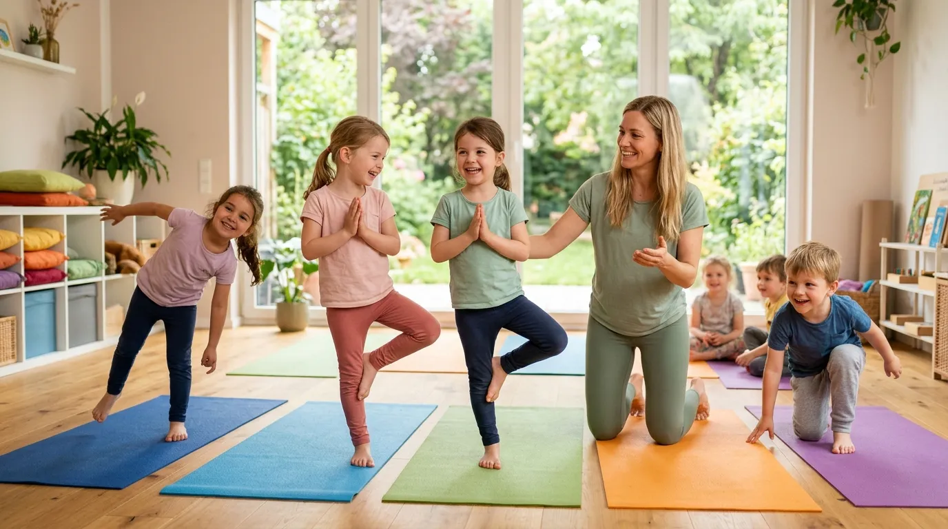 Freundliche Kinderyoga-Szene in hellem, modernem Studio in Stuttgart