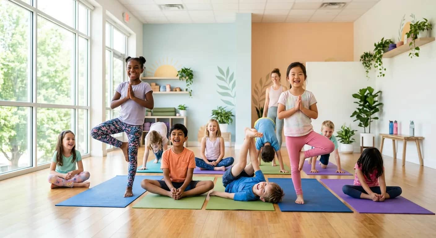 Kinder beim Yoga in unserem hellen Studio in Stuttgart