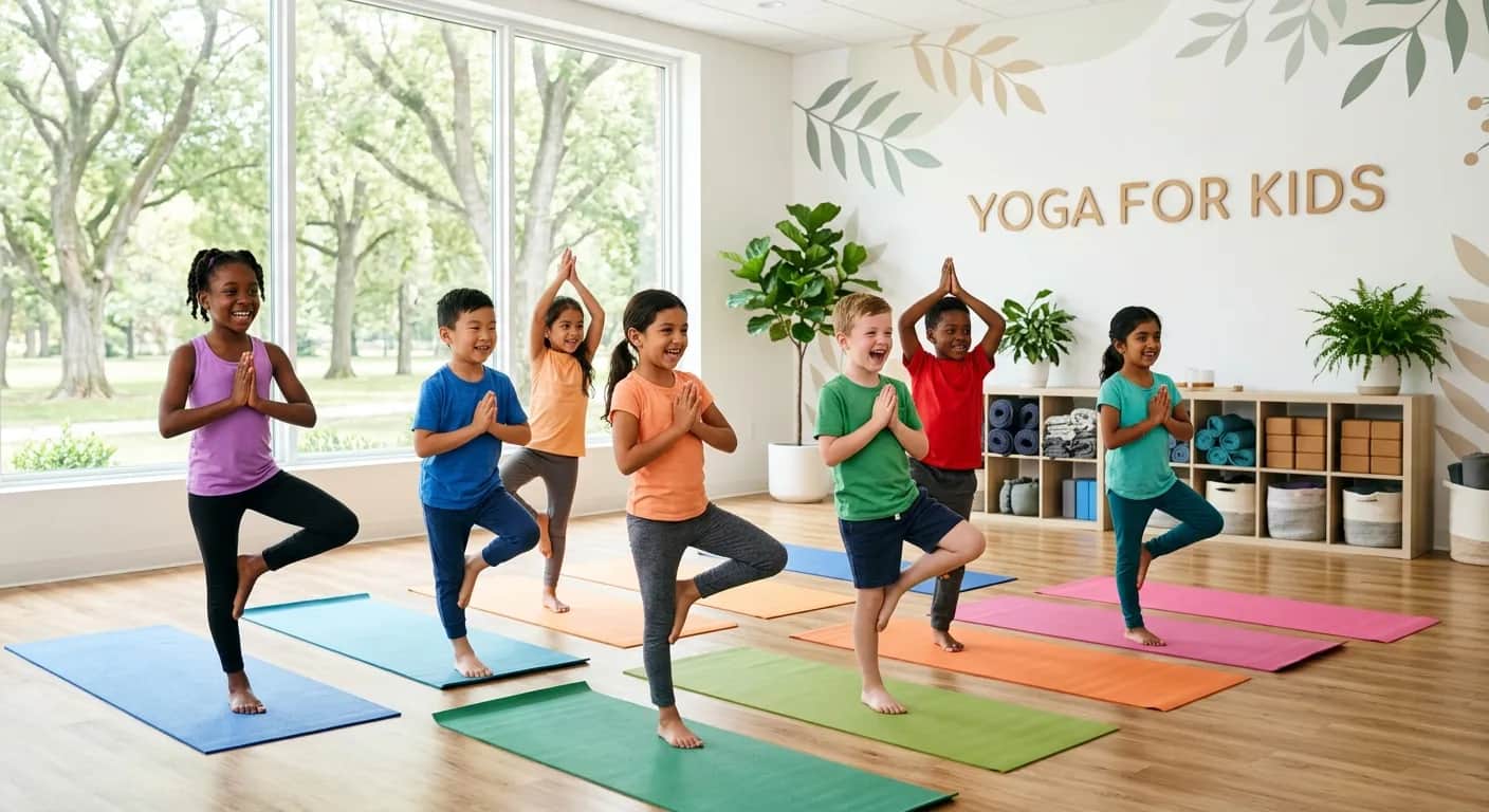 Kinder üben gemeinsam Yoga-Posen in einem hellen Studio